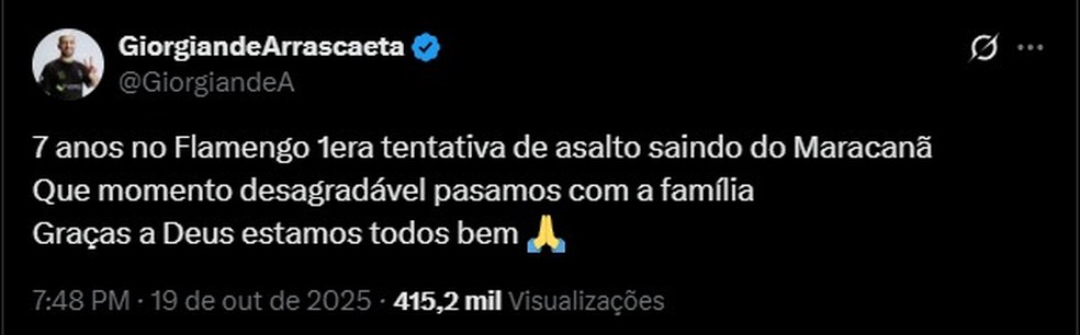 Postagem de Arrascaeta relatando a tentativa de assalto — Foto: Reprodução