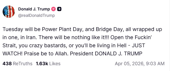 Trump volta a ameaçar Irã com ataques a pontes e usinas se Estreito de Ormuz não reabrir: 'Vocês vão viver no inferno'