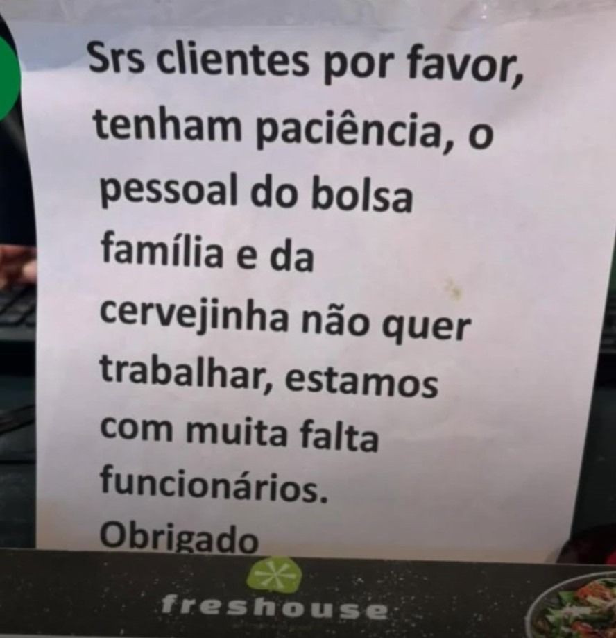 Restaurante de shopping na Zona Sul de SP retira placa que culpava 'o pessoal do bolsa família' por falta de funcionários