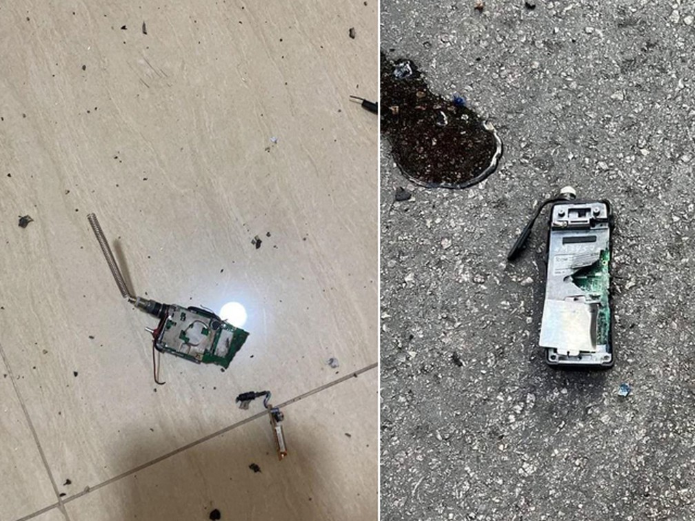 Walkie-talkies destruídos por explosões no Líbano — Foto: Telegram/Reprodução