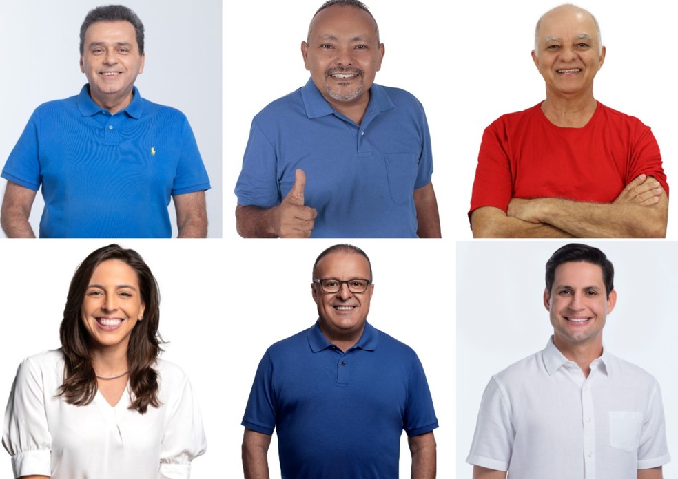 Candidatos as prefeito de Natal: Carlos Eduardo, Hero, Nando Poeta, Natália Bonavides, Paulinho Freire e Rafael Motta — Foto: Arte