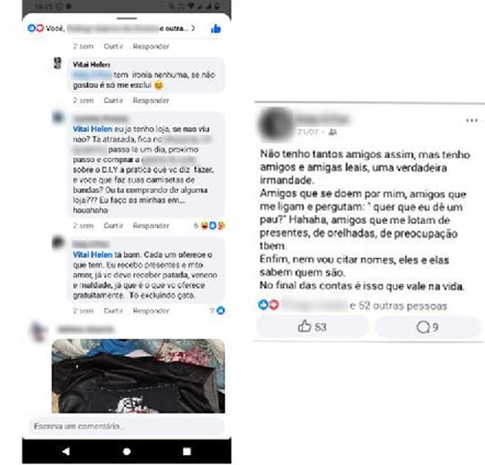 Para a família de Helen Vitai, essa discussão no Facebook motivou a agressão. — Foto: Reprodução/Arquivo pessoal