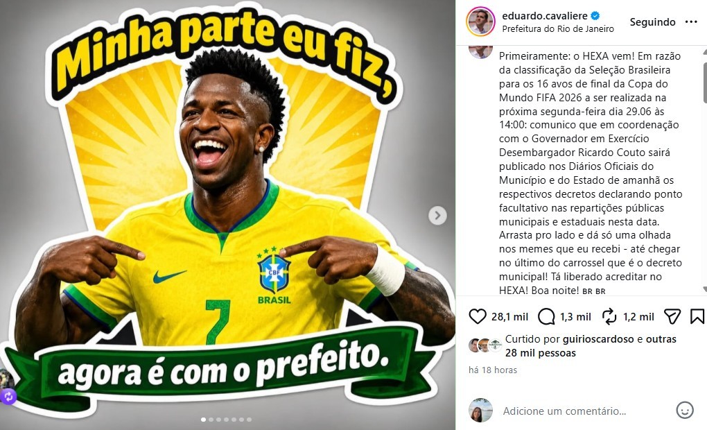 RJ terá ponto facultativo na segunda por jogo do Brasil na Copa do Mundo 