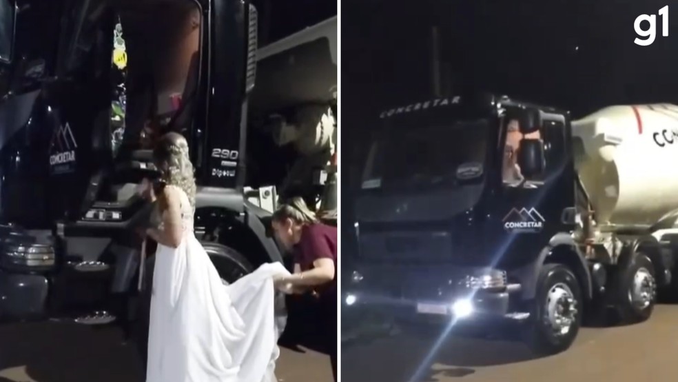 Noiva chega ao próprio casamento dirigindo caminhão no RS — Foto: Arquivo pessoal/imagens cedidas