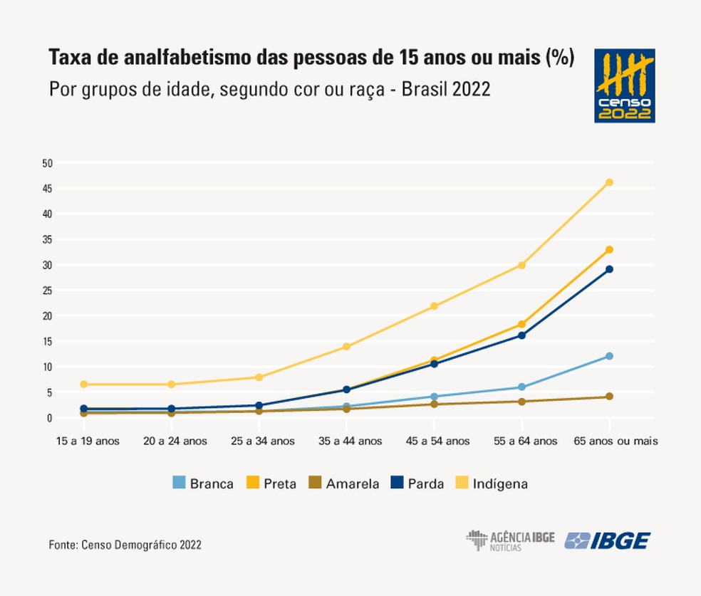 Taxa de analfabetismo no Brasil por grupos de idade, segundo cor ou ra&ccedil;a &mdash; Foto: IBGE/Divulga&ccedil;&atilde;o