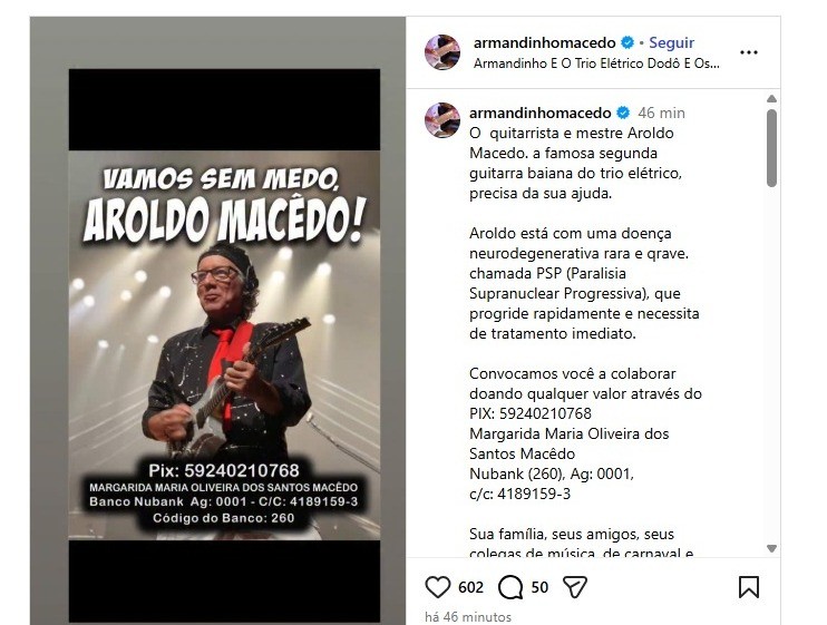 Armandinho Macedo pede ajuda após irmão Aroldo ser diagnosticado com doença neurodegenerativa rara