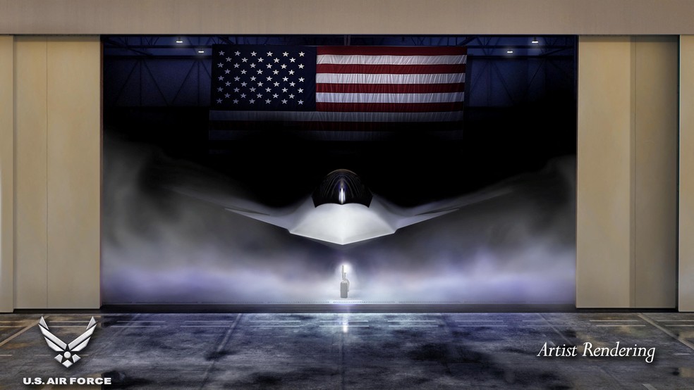Apresentação artística do caça F- 47 , depois que o presidente dos EUA, Donald Trump, concedeu à Boeing o contrato para construir o jato da Força Aérea dos EUA — Foto: Gráfico da Força Aérea dos EUA/Folheto via REUTERS