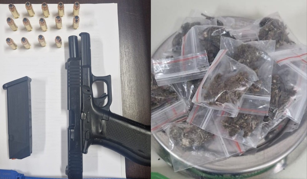 Foram apreendidas 27,60 gramas de maconha do suspeito e a arma e as munições do policial — Foto: Polícia Civil/Divulgação