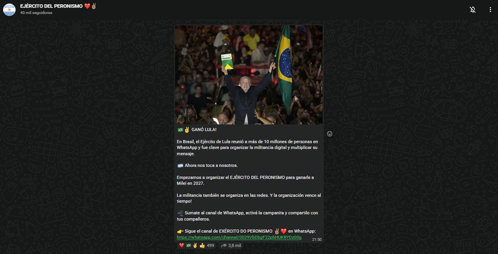 Grupo argentino comemora vitória de Lula no Brasil. — Foto: Reprodução/WhatsApp