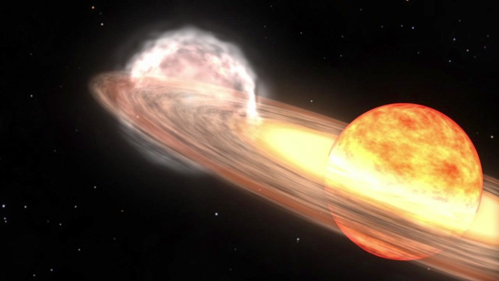 Representação artística mostra T Coronae Borealis, um sistema binário a aproximadamente 3 mil anos-luz da Terra que deve emitir uma explosão tão brilhante que será visível na Terra a olho nu. — Foto: NASA/Goddard Space Flight Center