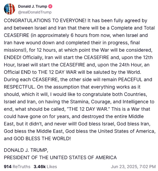 Trump diz que Israel e Irã acordaram cessar-fogo — Foto: Reprodução
