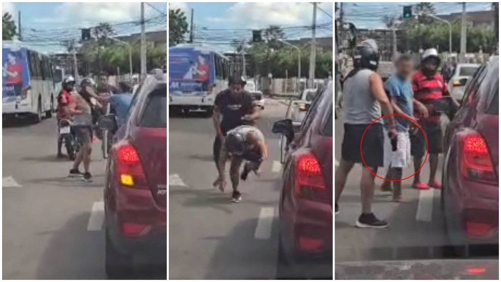 Briga de trânsito foi filmada no bairro Parangaba, em Fortaleza (CE); envolvido puxou arma — Foto: Reprodução