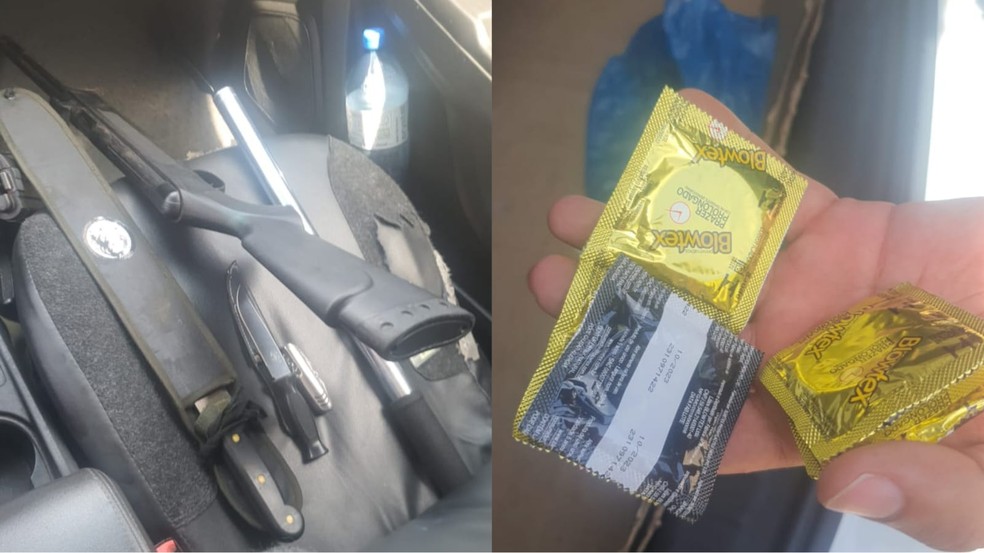 Armas e preservativos encontrados no carro de suspeito de esutpro, em Fortaleza. — Foto: Reprodução