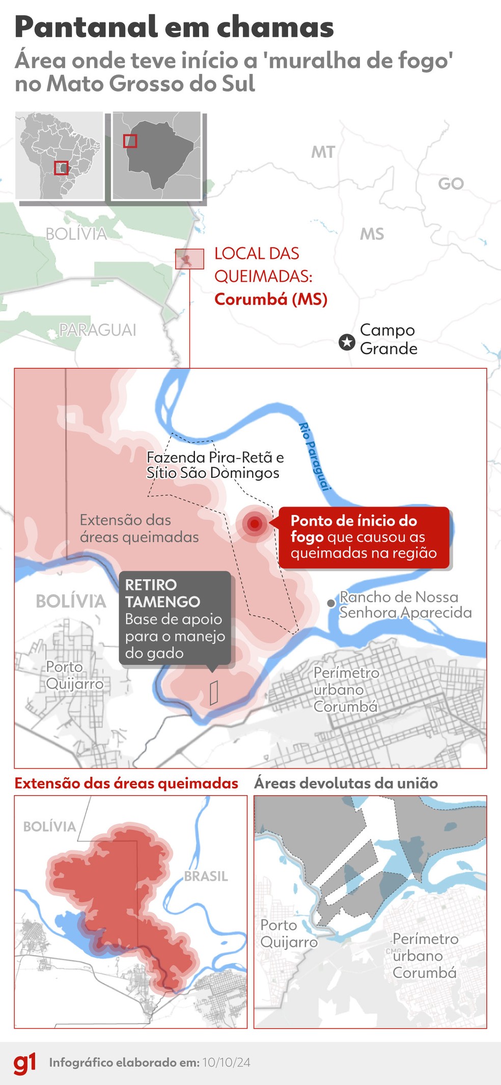Região atingida por incêndios em Corumbá. — Foto: Arte/g1