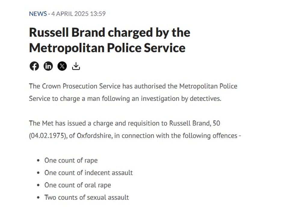 Russell Brand é acusado de estupro — Foto: Reprodução/Site da Polícia Metropolitana de Londres