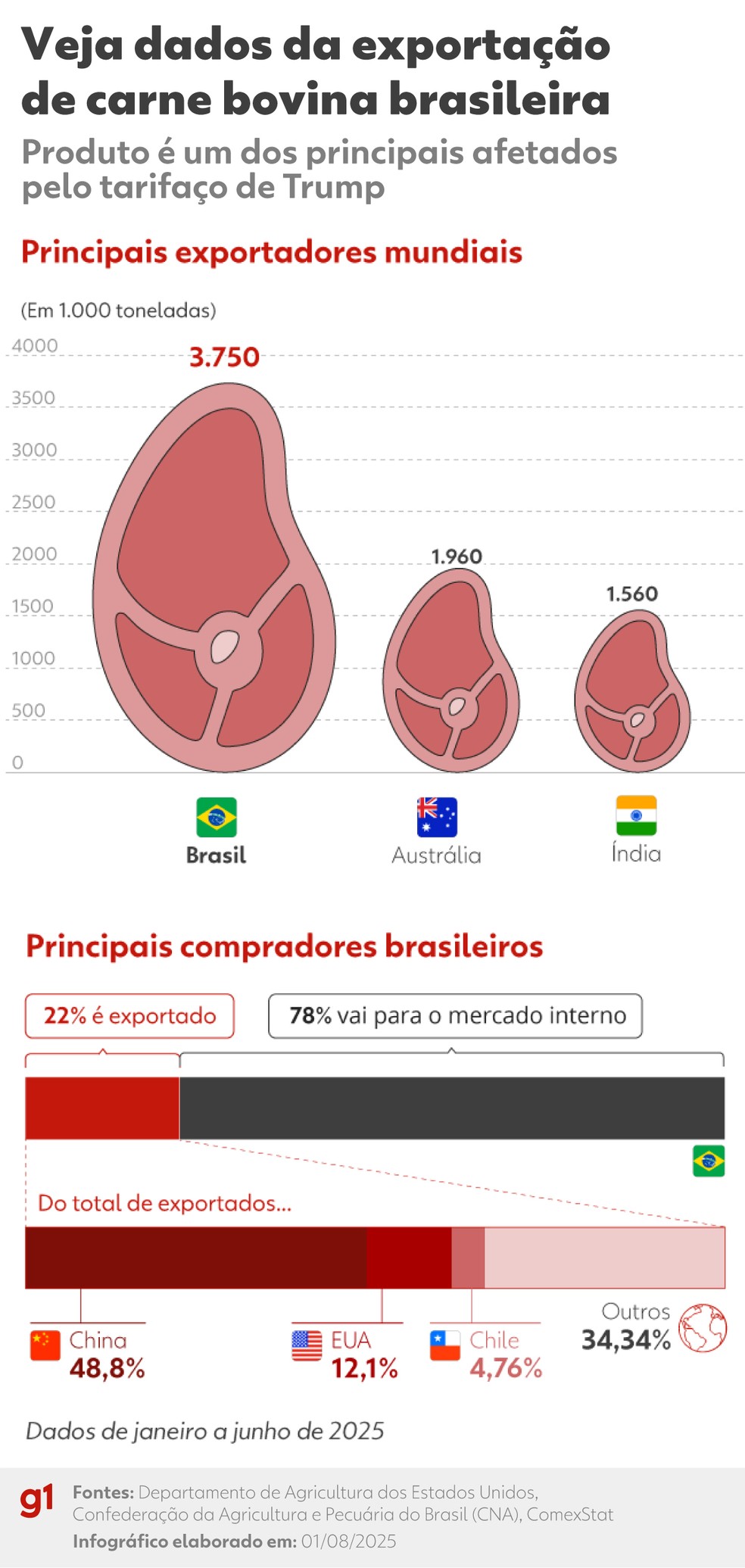 Raio X: veja dados da exportação de carne bovina brasileira — Foto: Arte / g1