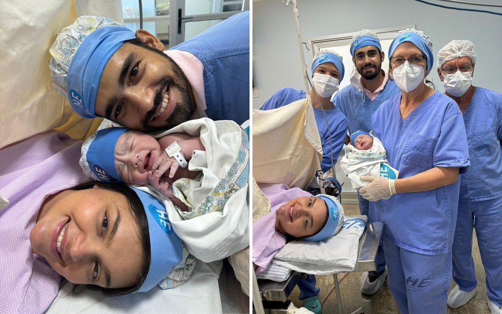 Pais e equipe médica após parto de bebê empelicado, em Iporá, Goiás — Foto: Arquivo pessoal/Leandra Campos