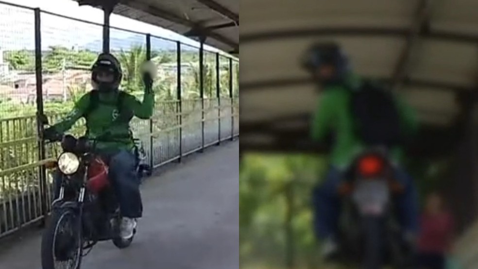 Motociclista fez gesto obsceno para equipe de reportagem. — Foto: Reprodução/TV Verdes Mares