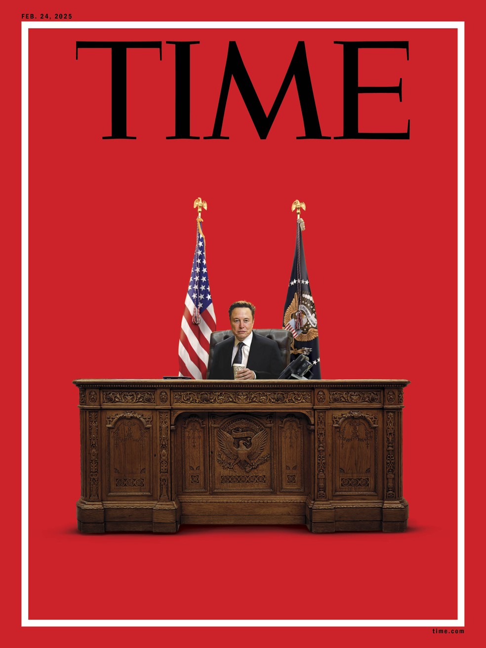 Capa da revista Time com montagem de Elon Musk sentado na mesa presidencial do Salão Oval da Casa Branca, em 7 de fevereiro de 2025. — Foto: Divulgação/ Time