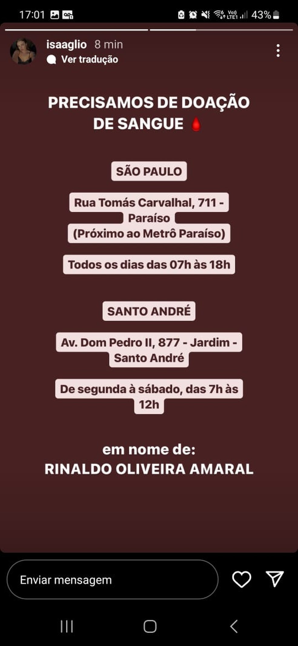 Isabella Aglio, filha de Mingau, baixista do Ultraje a Rigor pede doação de sangue — Foto: Reprodução/redes sociais