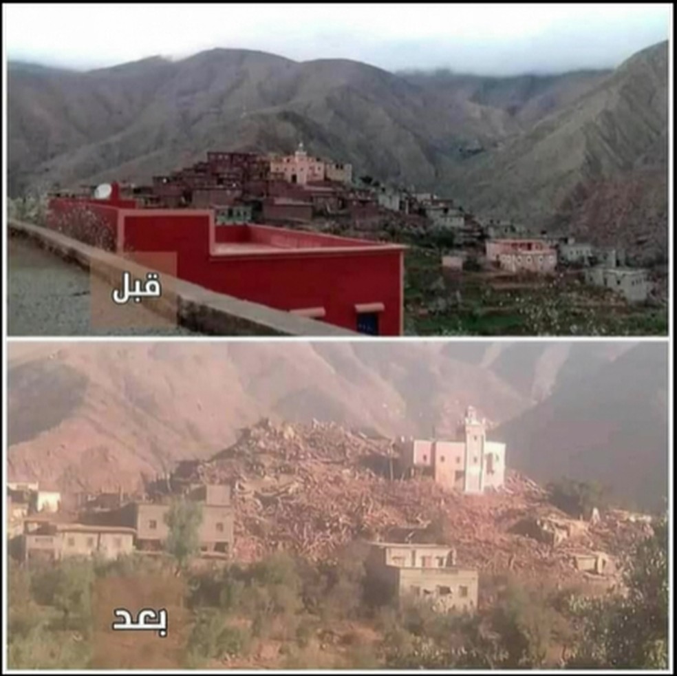 Antes e depois do terremoto em Marrocos — Foto: Reprodução/ Globo News