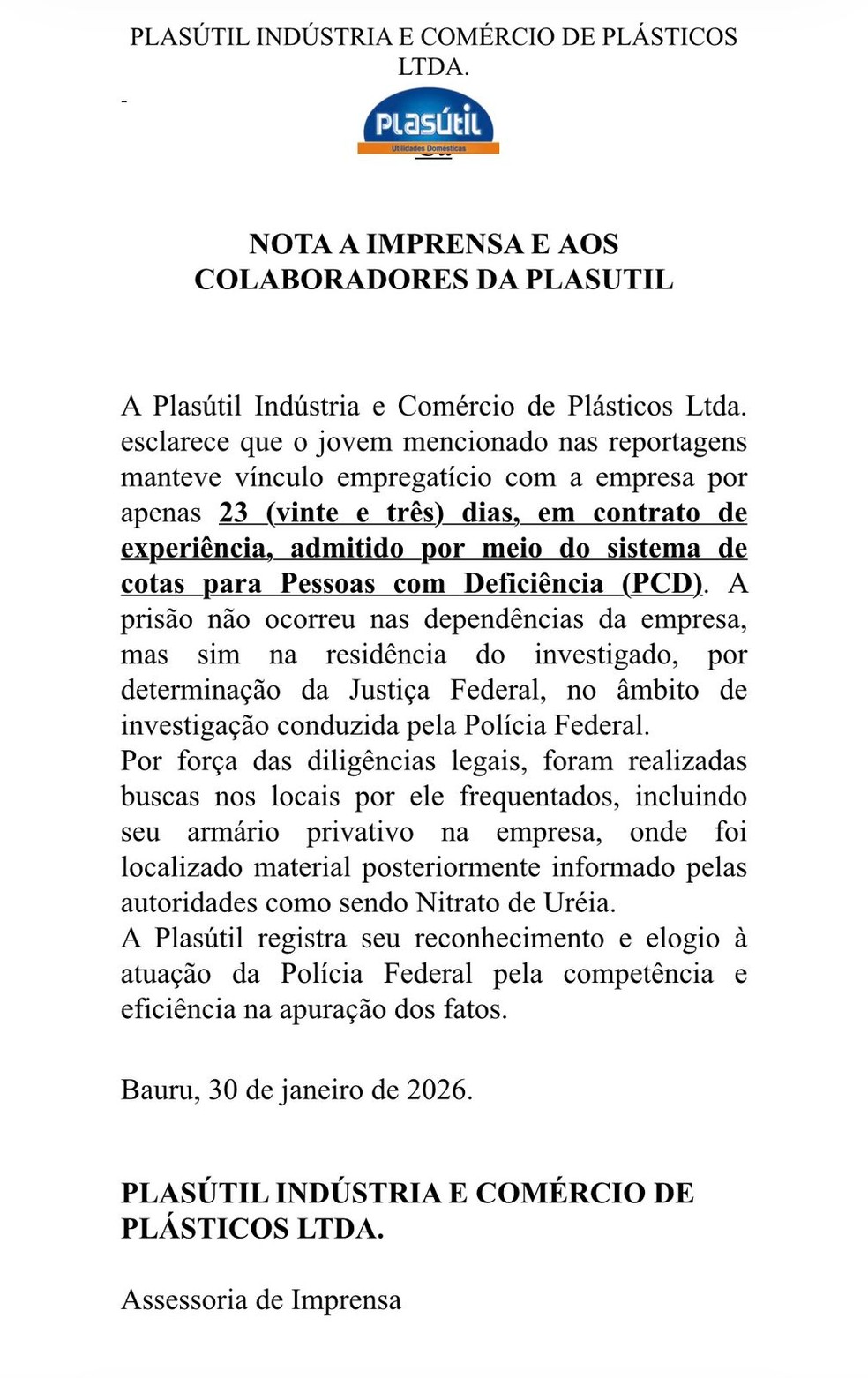 Nota à imprensa divulgada pela Plaústil sobre funcionário preso pela Polícia Federal em Bauru (SP) — Foto: Reprodução