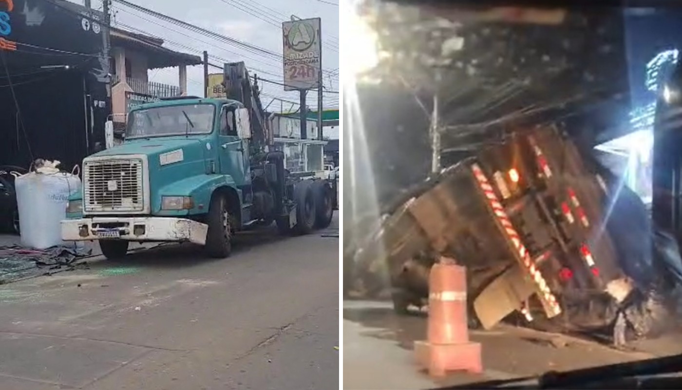 Carga com 'big bags' de material reciclável desliza e faz caminhão tombar em Santa Bárbara; VÍDEO