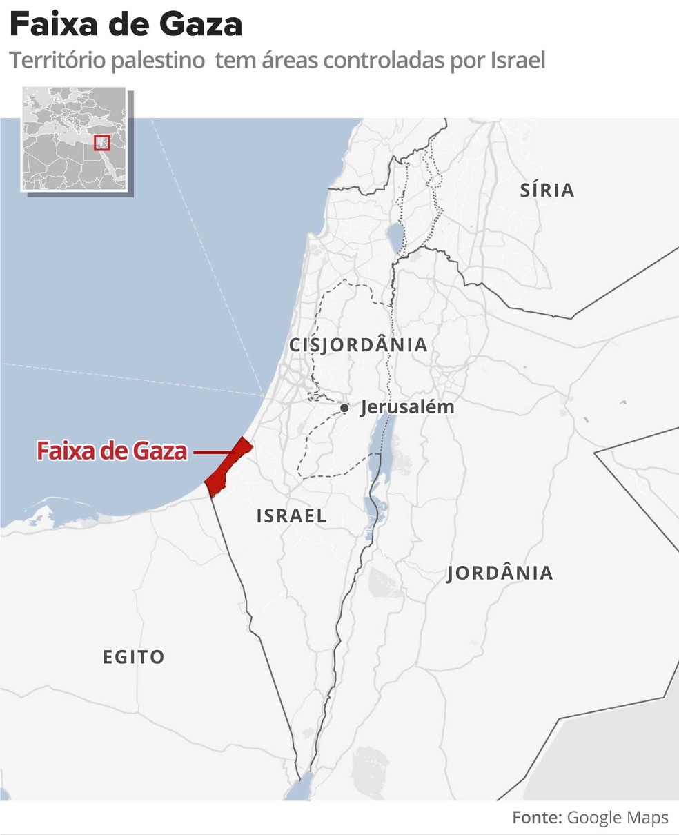 Mapa mostra região da Faixa de Gaza — Foto: Alexandre Mauro/ Arte G1