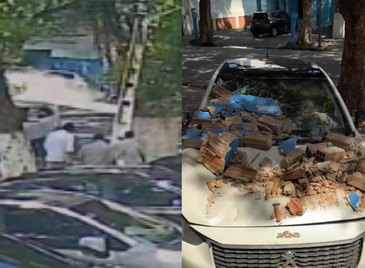Marquise desaba e atinge carro estacionado no Centro do Recife; VÍDEO