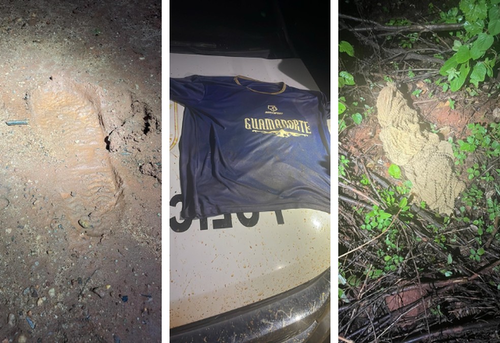 Pegada, camiseta e colcha encontradas nesta sexta-feira (16) durante buscas pelos 2 fugitivos da penitenciária federal do Rio Grande do Norte. — Foto: Divulgação