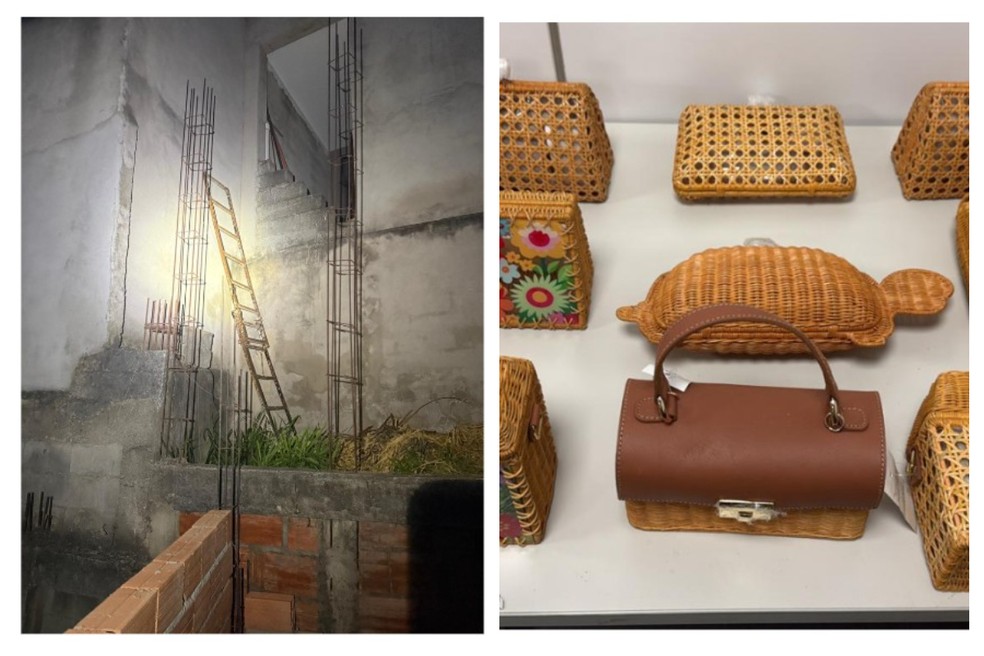 Imóvel de casal em Guarulhos (à esquerda) escondia bolsas da Serpui que foram furtadas (à direta) em São Paulo — Foto: Reprodução/Polícia Civil de SP