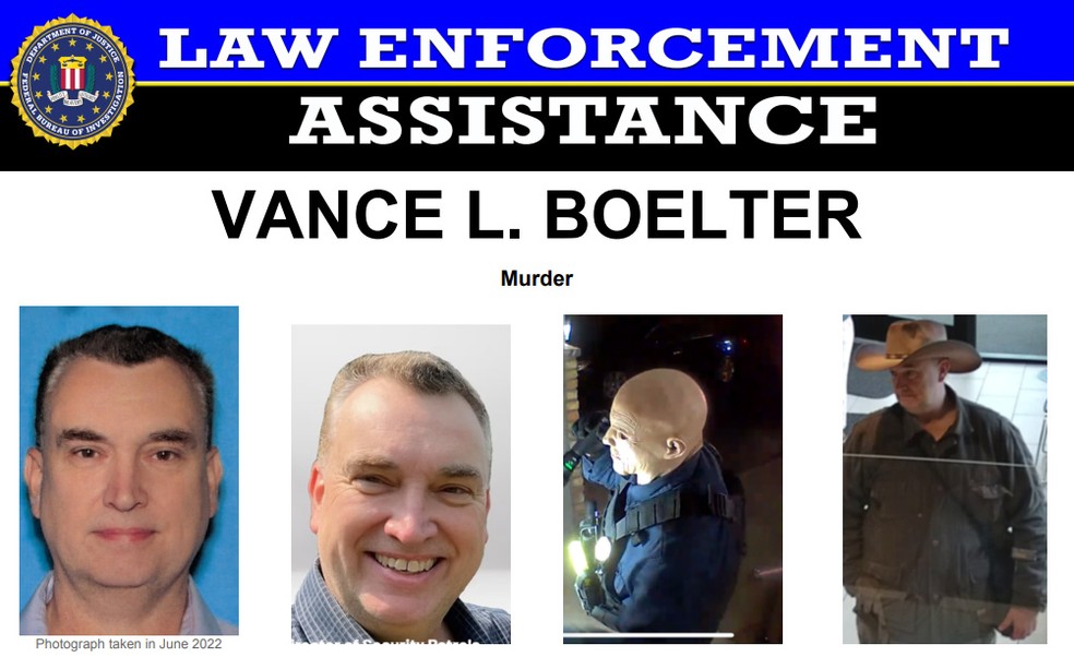 Cartaz do FBI com fotos de Vance L. Boelter, que matou a deputada Melissa Hortman e seu marido e feriu o senador John Hoffman e sua esposa, em Minnesota, nos EUA — Foto: Divulgação FBI