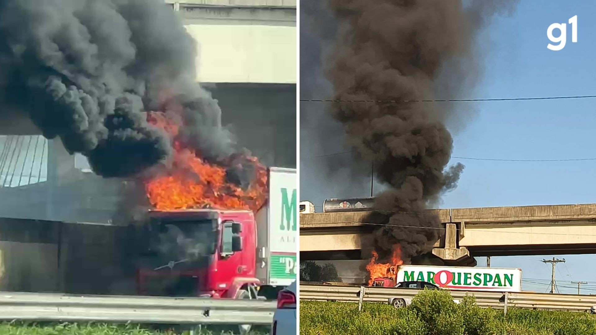 VÍDEO: Caminhão pega fogo em rodovia em frente à Arena do Grêmio e tranca trânsito na saída de Porto Alegre
