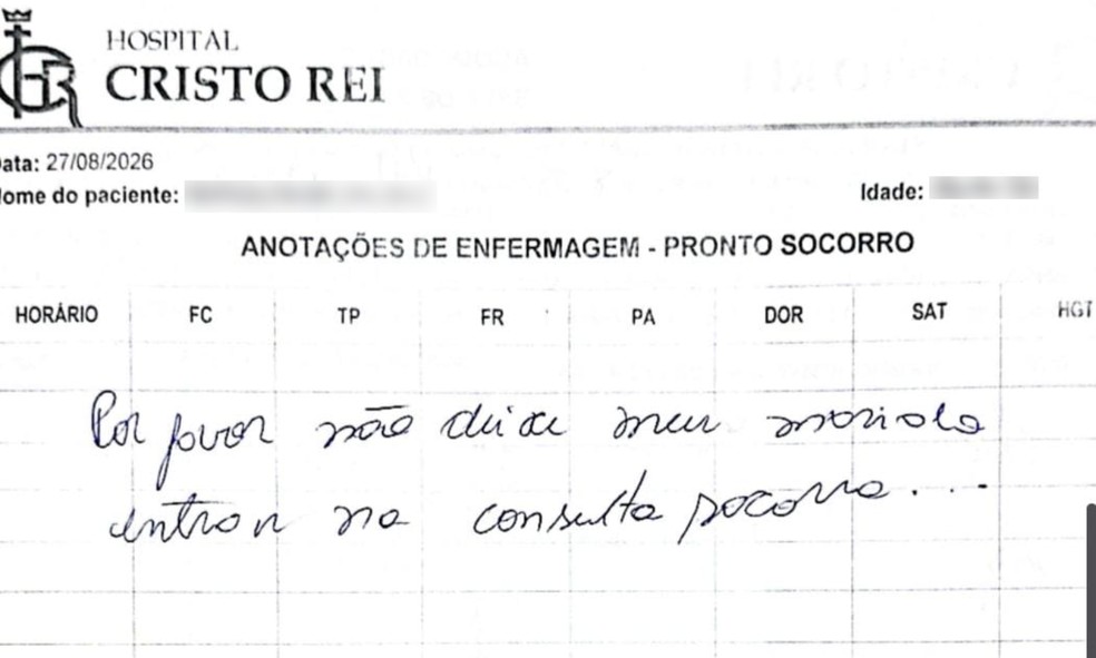 Pedido de ajuda foi escrito em prontu&aacute;rio. &mdash; Foto: Reprodu&ccedil;&atilde;o