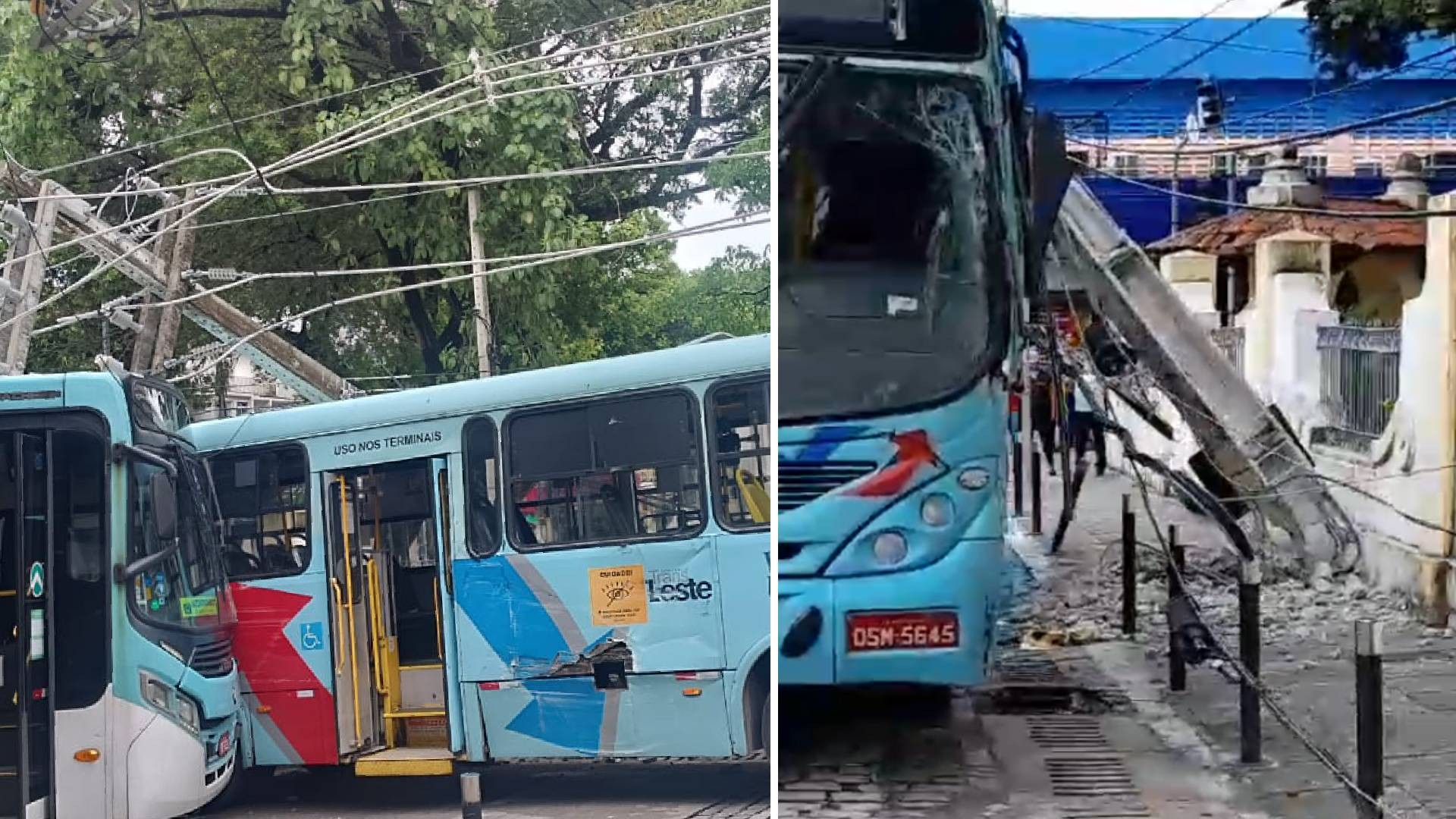 Acidente com dois ônibus derruba poste e causa desvios no Centro de Fortaleza; vídeo