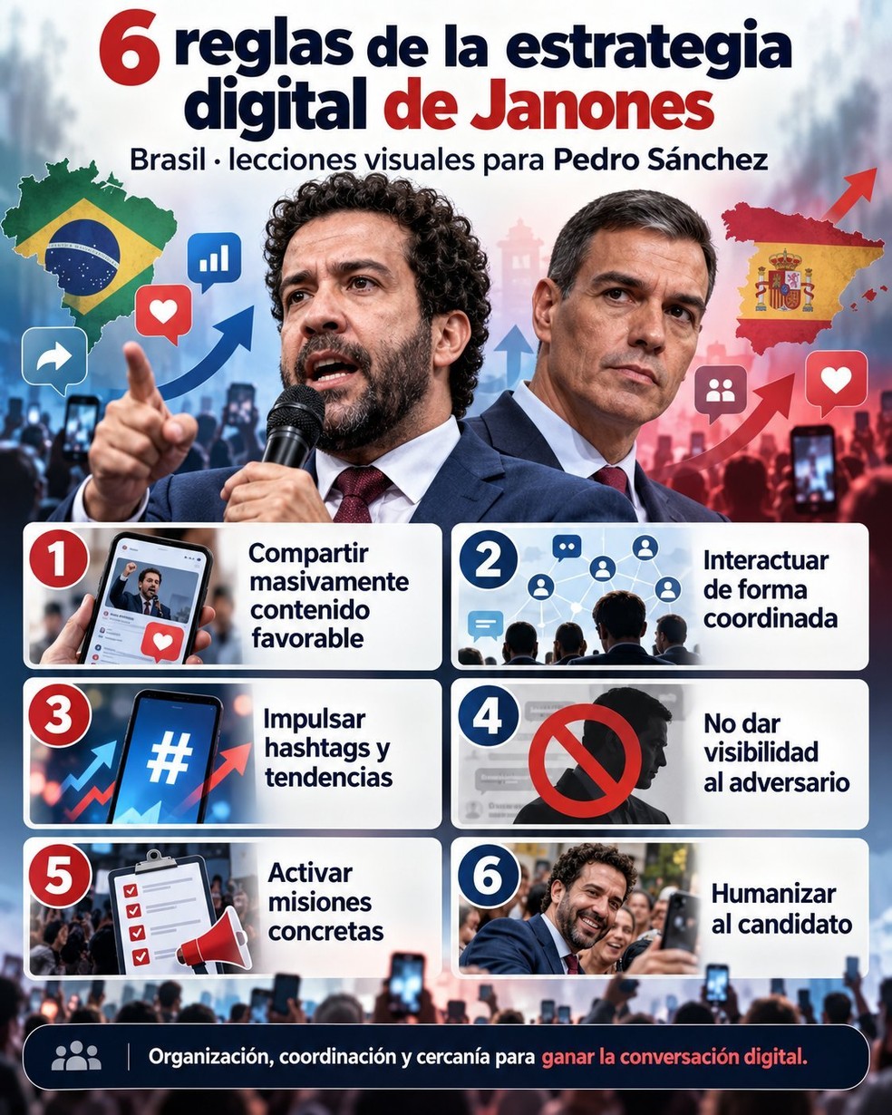 Ativistas espanhóis compartilham as '6 regras de Janones'. — Foto: Reprodução/Redes Sociais
