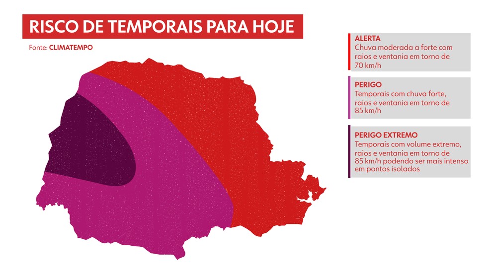 Risco de temporais no Paraná — Foto: Climatempo/ Arte RPC
