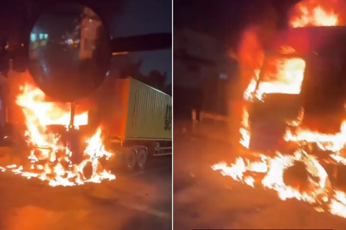 Incêndio atinge caminhão-contêiner em Guarujá; VÍDEO