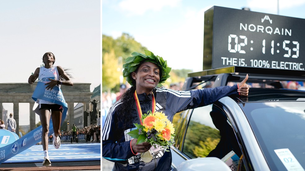 Tigist Assefa alcançou recorde feminino da maratona em 24 de setembro de 2023, ao usar tênis Adizero Adios Pro Evo 1, da Adidas — Foto: AP Photo/Markus Schreiber
