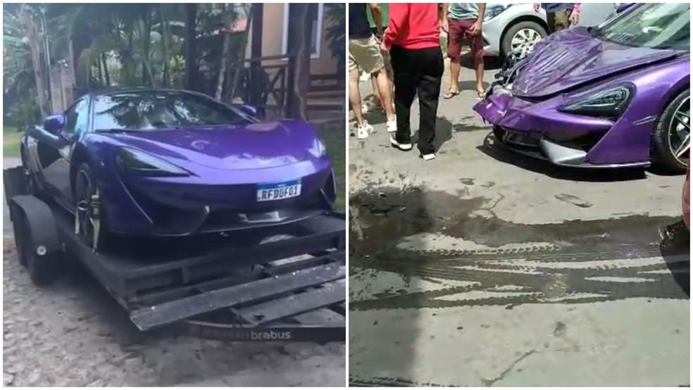 À esquerda, veículo antes do acidente; à direita, McLaren logo após batida — Foto: Reprodução