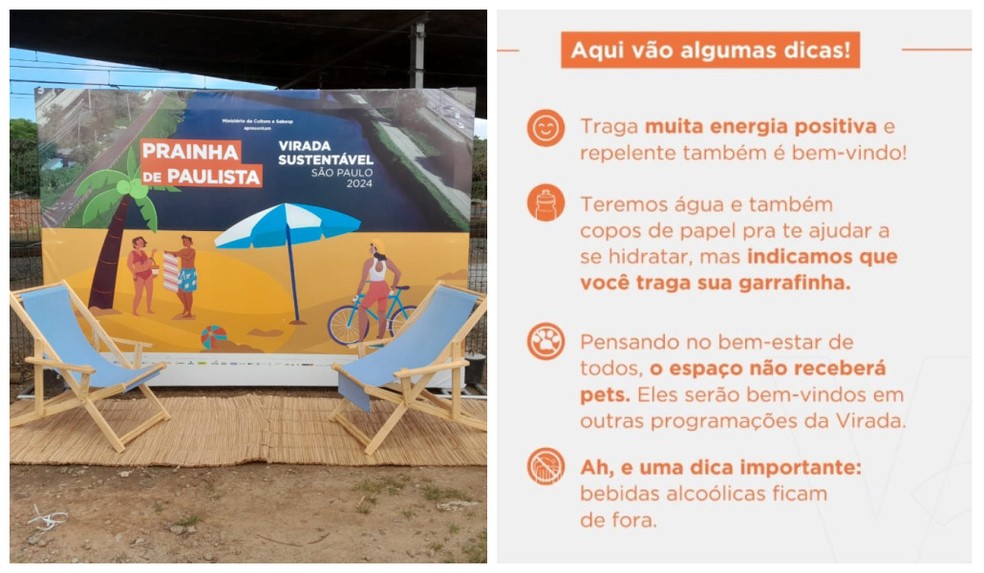 Dicas da Sabesp para quem foi visitar a prainha às margens do Rio Pinheiros na semana passada. — Foto: Montagem/g1/Rodrigo Rodrigues