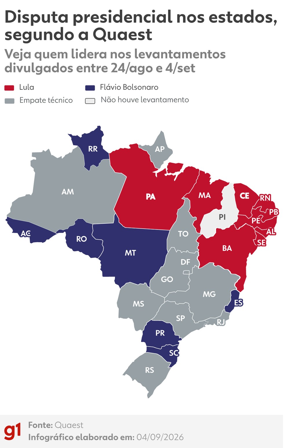 Quaest: mapa mostra como está a disputa presidencial nos estados, segundo a consultoria — Foto: Arte/g1