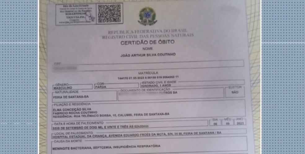 Certidão de óbito atestou doença — Foto: Reprodução/TV Subaé