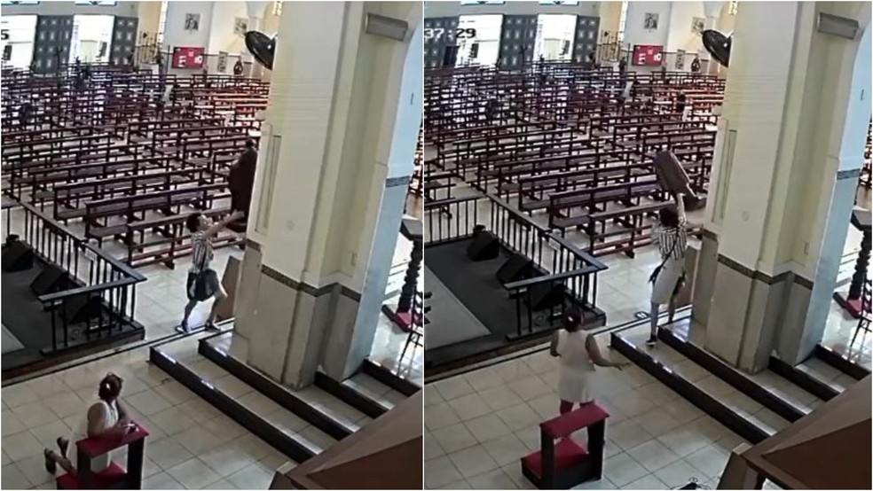 Homem invade igreja e derruba imagem de São Benedito, no Centro de Fortaleza — Foto: Reprodução