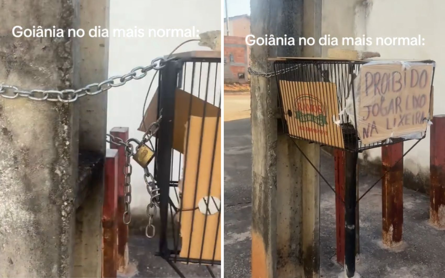 Placa que diz que é proibido jogar lixo na lixeira diverte a web: 'Goiânia no dia mais normal'