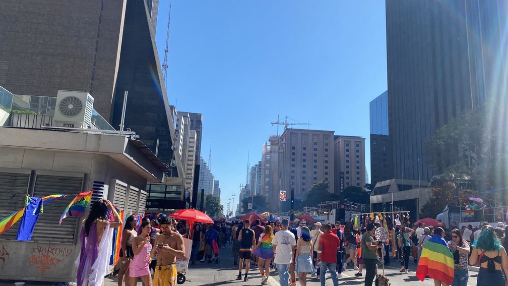 Público reunido para a 27ª Parada do Orgulho LGBT+ em SP — Foto: Deslange Paivva/g1