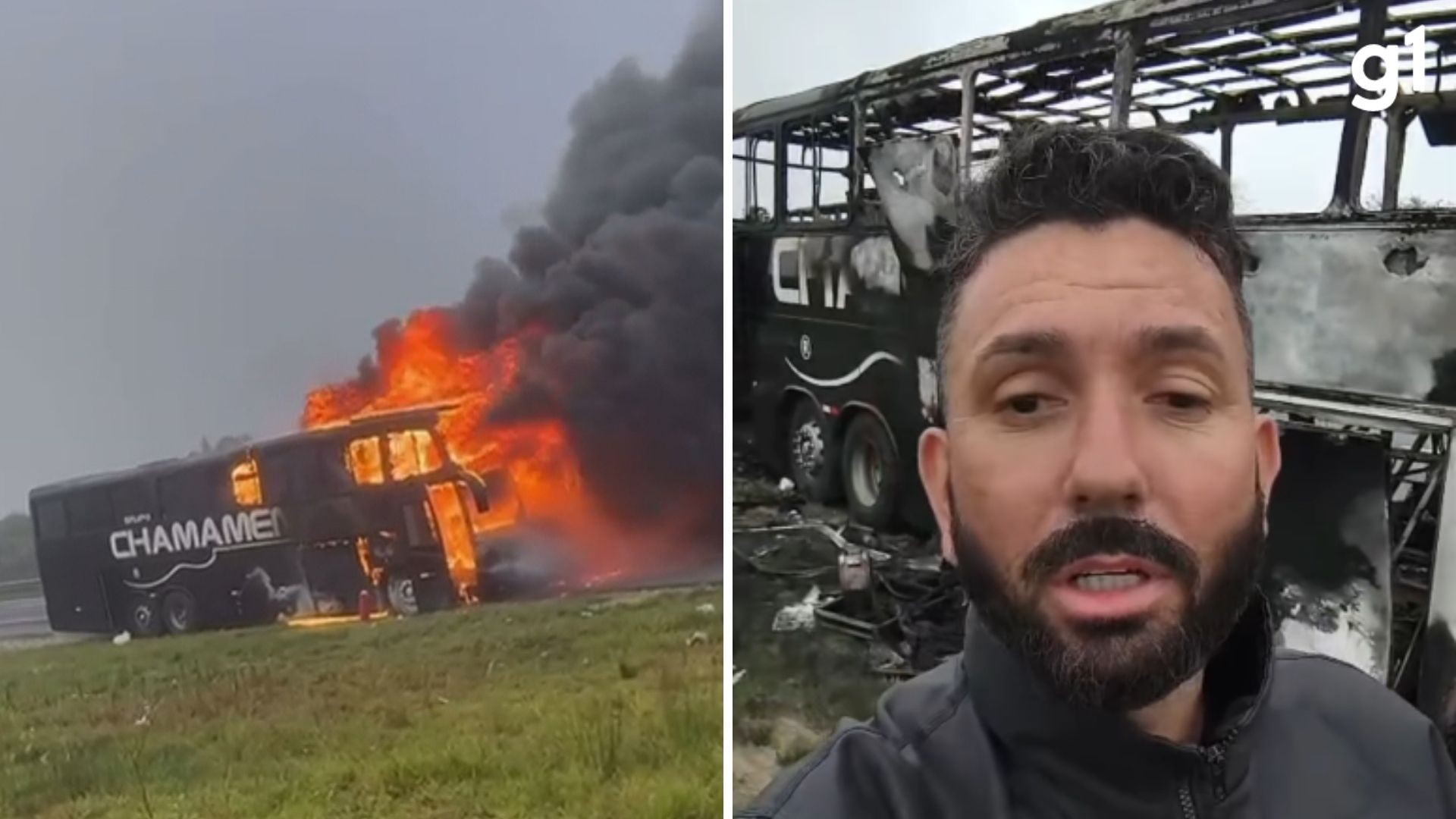 Ônibus de banda do RS é destruído por incêndio em estrada com vocalista no volante: 'Só deu tempo de ver o fogo'