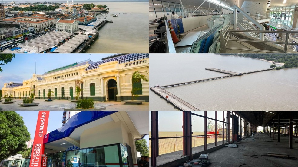 Complexo Ver-o-Peso, Aeroporto de Belém, Mercado São Brás, Porto de Outeiro, escolas e terminal internacional são algumas obras para a COP 30. — Foto: Reprodução / Agência Pará / Agência Belém