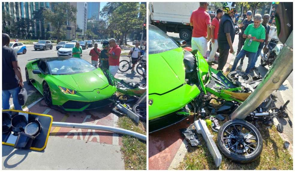 Lamborghini avaliada em mais de R$ 3 milhões destruída durante perseguição na Avenida Brig. Faria Lima, no Itaim Bibi, Zona Sul de São Paulo. — Foto: Reprodução/TV Globo
