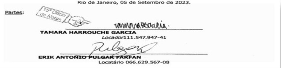 Documento assinado por Tamara Garcia e Erik Pulgar para aluguel da "Casa de Vidro" — Foto: Reprodução/TV Globo